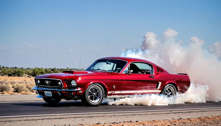 A classic Ford Mustang GT, in deep cherry red, burns rubber on an open highway, leaving behind a plume of white smoke as it drifts, capturing the power and legacy of American muscle, 8K.