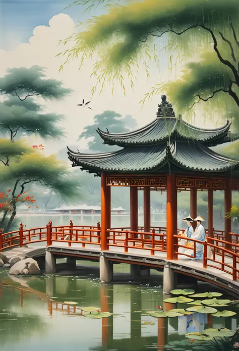 Chinese landscape painting of lakeside pavilion with bamboo forest and lotus pond, young scholar in ancient Chinese clothing reading under the pavilion, white egrets flying in the sky, emperor in imperial court, success, ambition