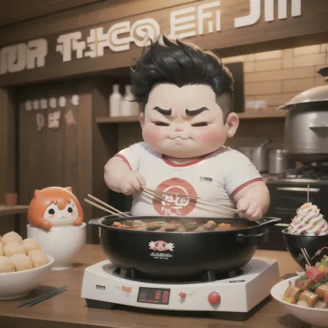 cute Chibi fat boy ,cook;{{Logo}};{Holding hot pot, there are skewers inside the hot pot},flat design,This logo design is for a restaurant