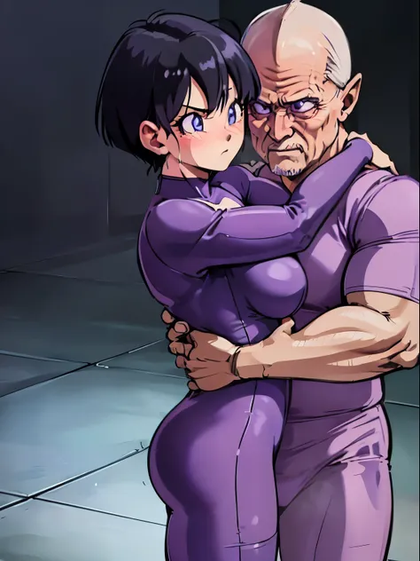 videl,1 girl,alone,((bright purple tight suit,:1.4)),barefoot,bare hands,((being hugged by an old man:1.4)),blush,embarrassing,serious face,blue eyes,Sweat,open your mouth wide,black hair,spike hair,boyish girl,big breasts,prison,sigh,