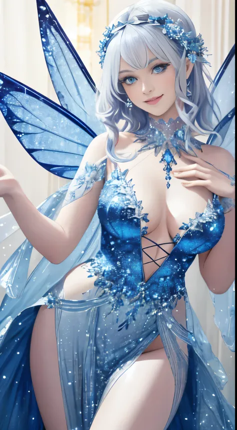 (best quality,4k,8k,highres,masterpiece:1.2),ultra-detailed,realistic,shimmering silver hair,sparkling blue eyes,fairy wings,elaborate fairy attire with low neckline,playful smile,floral background,alluring fairy