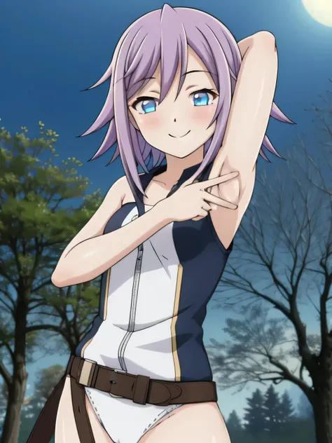 mizore_shirayuki ,1girl, solo, forest, dark sky, contrapposto, smile, spread armpits, cowboy shot, arms behind head, closed mouth, best quality,