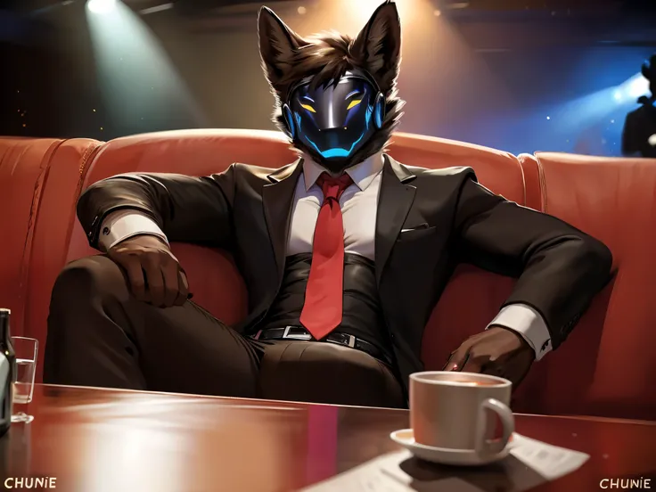 posted on e621, (by Chunie), Protogen,solo,masculine, Black fur with White stripes on the tips, Slim body, full body like, at a nightclub, Hitman wear, Black suit, Red tie, Sitting on the sofa, a cup of alcoholic drink, Abstract beauty, ultra detailed face...