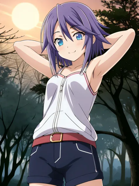 mizore_shirayuki ,1girl, solo, forest, dark sky, contrapposto, smile, spread armpits, cowboy shot, arms behind head, closed mout...