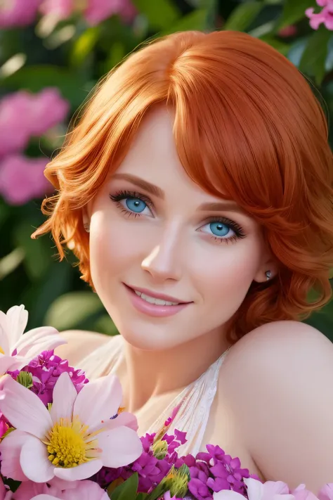 Masterpiece, (Bryce Dallas Howard: 0.5), 20 years, young, short hair, vivid orange hair, shy, cute, playful smile, high detail face, high detail skin, delicate colorful floral dress, (high detail eyes:1.3), (small breasts:1.2), (strong athletic body), gard...