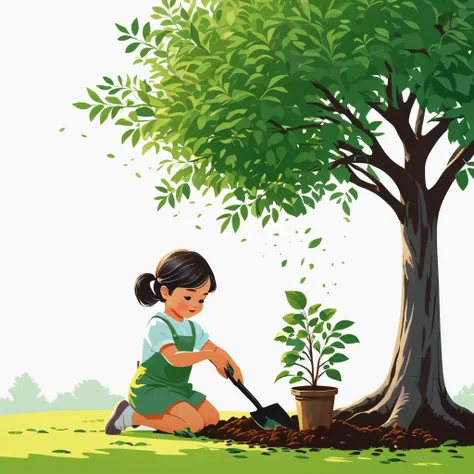 (((Vector illustration))),Flat coating,((Celluloid style)),(children illustration),little girl planting tree,((minimalist art)),8K,masterpiece,Rich details