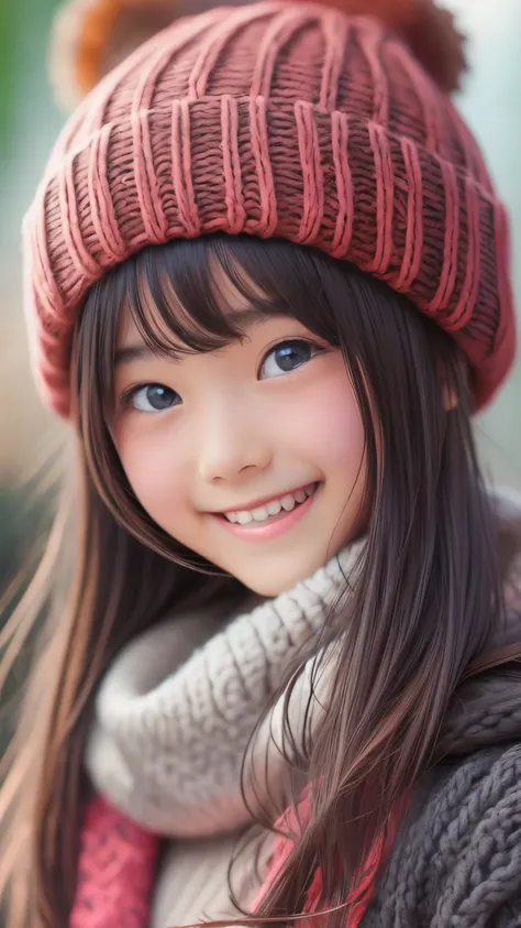 (( sfw: 1.4)), (( detailed face)), (( sfw, knit hat , smile , outdoor, 1 Girl)), Ultra High Resolution, (Realistic: 1.4), RAW Photo, Best Quality, (Photorealistic Stick), Focus, Soft Light, ((15 years old)), ((Japanese)), (( (young face))), (surface), (dep...