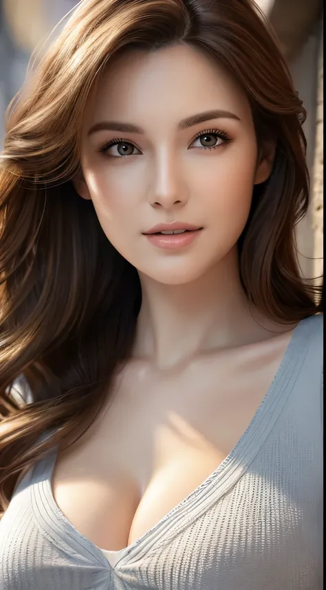 （best quality，High resolution，master piece：1.3），tall and beautiful woman，frontage，loose wavy dark brown hair，big breasts，V-neck white shirt，dark alley，Beautifully rendered facial and skin texture details，charming eyes，charming eyes，double eyelid