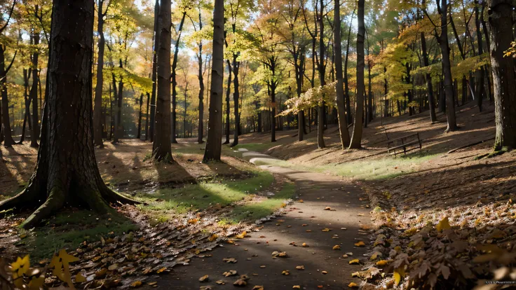 ((masterpiece, Best quality)), A high resolution, 8 k, Cinematic light, high contrast, depth of field, Intense glow, detailed background, autumn, dense forest birch oaks, autumn colored leaves, Sunny glade, fallen leaves, mushrooms