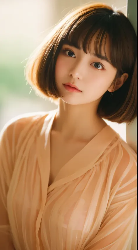 Best quality, masterpiece, 1 girl solo, a Japanese female model , Unique hair details, colorful translucent medium over blouse, detailed eyes, double eyelids, short bob hair, analog photography, 85mm f/1.8 YSM