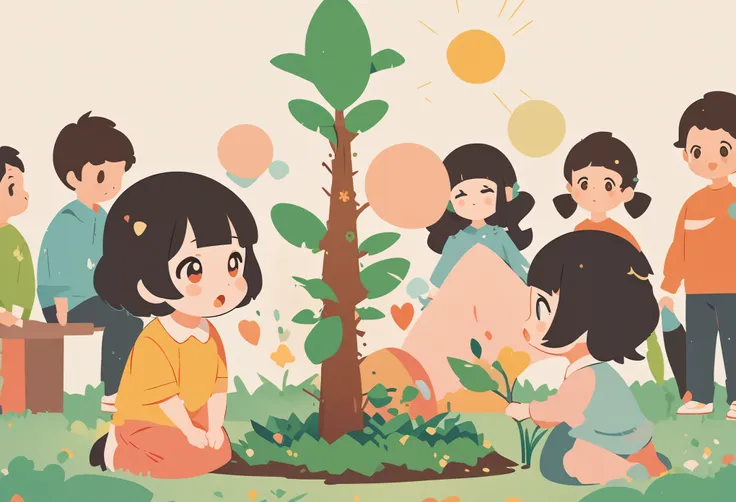 （（（vector illustration））），flat coating，（（celluloid style）），（children illustration），little girl and boy planting tree，（（minimalis...