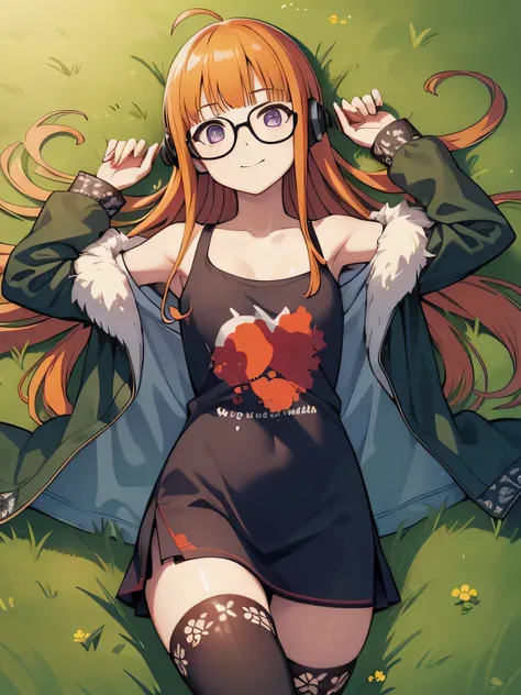 futabasakura, futaba sakura, orange hair, glasses, long hair, (purple eyes:1.1), ahoge,
behind-the-head headphones, black thighhighs, fur trim, fur-trimmed jacket, green jacket, headphones, jacket, off shoulder, off-shoulder shirt, shirt, t-shirt, thighhig...