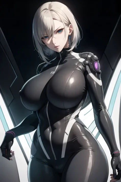 Milf, woman in a futuristic suit, highly detailed face, cool, mom, tomboy, very large breast, (Milf), mature face, (mature female), cybersuit, anime girl wearing tight suit, milfication, Elegant body, navel focus, naked body, gloves, earrings, science fict...