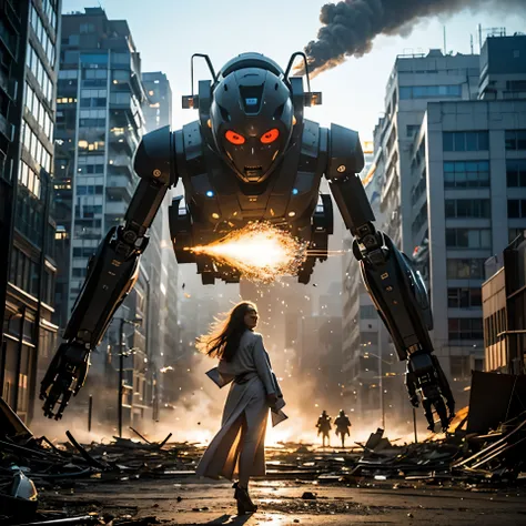 (one young beautiful japanese woman、Several robots destroying the city)、SF、A woman with telekinetic powers、The space around the woman's body appears distorted.、destroyed metropolis、Challenge the invaders、urban decline、blazing flame、Collapsing high rise...