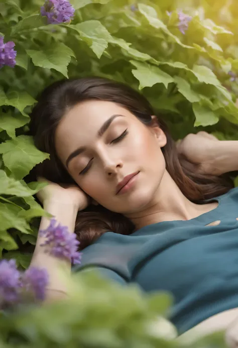 Create a commercial illustration for Instagram, ultra-realistic photo, depicting a person sleeping peacefully amidst a field of green leaves and purple flowers, with a serene blue sky in the background. Natural sunlight illuminates the scene. The colors gr...