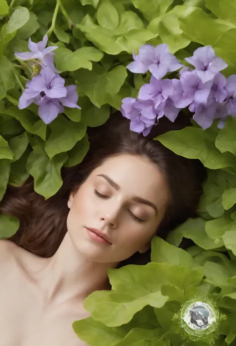 An illustration or digital art representing a person sleeping peacefully amidst a field of green leaves and purple flowers, with a serene blue sky in the background. In the center of the image, the Nutra Revitale logo is displayed in white letters with gol...