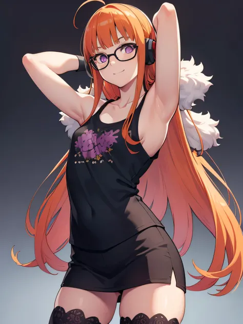 futabasakura, futaba sakura, orange hair, glasses, long hair, (purple eyes:1.1), ahoge,
behind-the-head headphones, black thighhighs, fur trim, fur-trimmed jacket, green jacket, headphones, jacket, off shoulder, off-shoulder shirt, shirt, t-shirt, thighhig...