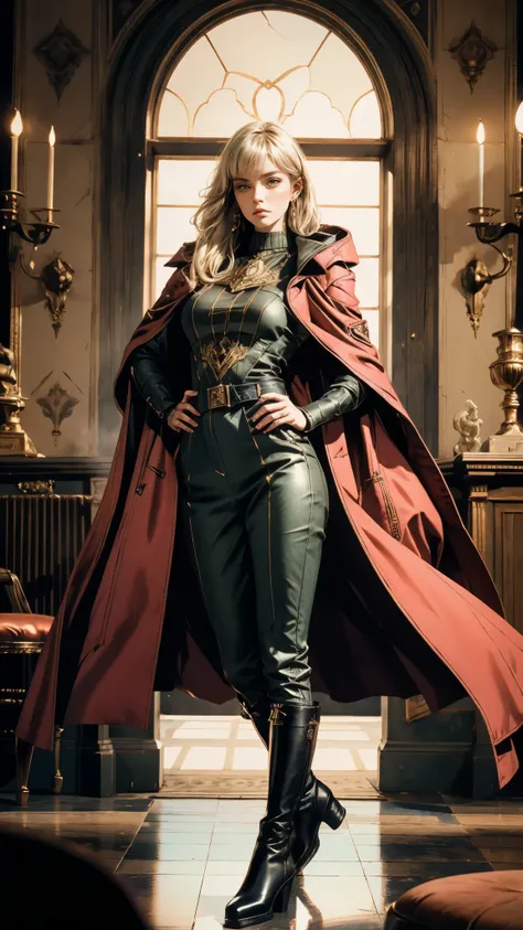 A woman with long platinum blonde hair, choppy bangs, arched crescent eyebrows, sharp and determined eyes, a delicate oval face, a serious expression, a fantasy-style dark green military coat, draped with a dark red cloak, military trousers, leather combat...