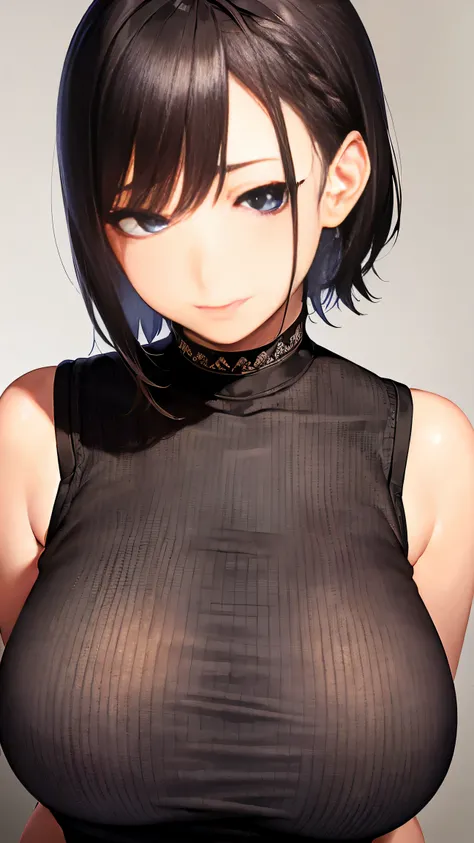 Japanese woman wearing a black sleeveless sweater、 (((masterpiece))), ((highest quality)), ((intricate details)), (((Super realistic)), absurd solution, near and far law, very detailed, realistic, 1 girl, ((big breasts)), perfect hands, finger details, bea...