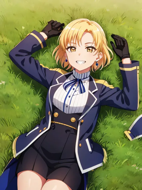 MASKING, 1girl, solo, looking at viewer, smile, short hair, blonde hair, shirt, gloves, long sleeves, ribbon, brown eyes, jewelry, jacket, yellow eyes, white shirt, earrings, grin, solo, spread arms, smile, lying, on back, on grass, looking at viewer, solo...