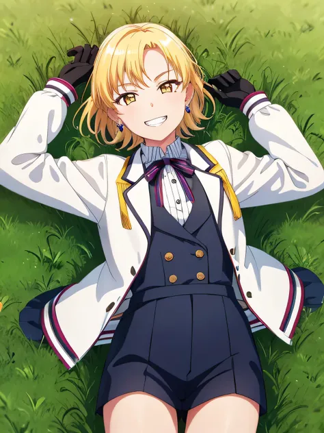 MASKING, 1girl, solo, looking at viewer, smile, short hair, blonde hair, shirt, gloves, long sleeves, ribbon, brown eyes, jewelry, jacket, yellow eyes, white shirt, earrings, grin, solo, spread arms, smile, lying, on back, on grass, looking at viewer, solo...