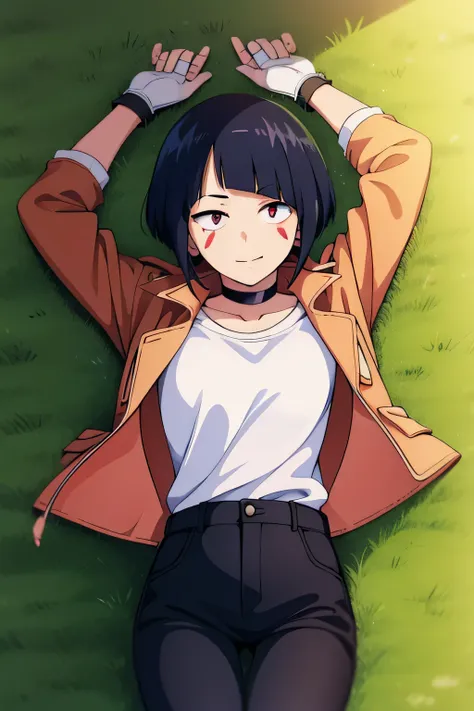 kyoka jiro, 1girl, solo, looking at viewer, smile, short hair, bangs, shirt, black hair, gloves, long sleeves, jacket, open clot...