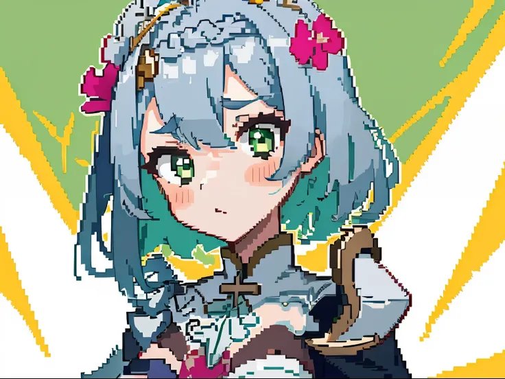 masterpiece, high quality, hcnone, pixel art, 1girl, noelle genshin impact, silver hair, green eyes, simple gold color background