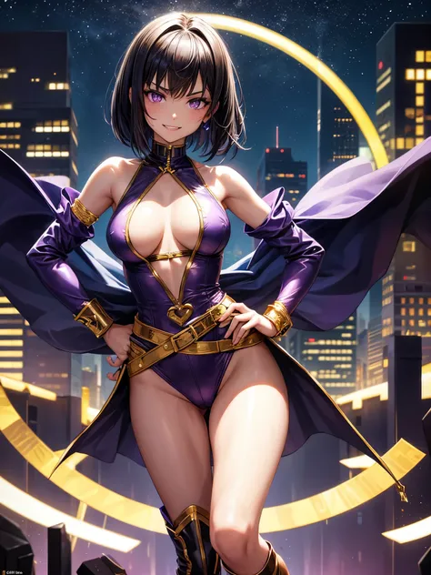 1girl, villain, leotard, purple leotard with gold accents, bare legs, (fastened tight gold belt), boots, ankle boots, bracelets, night sky, standing straight, hands on hip, infused with powers, cityscape, searchlights, black hair, short hair, bob hair, tia...