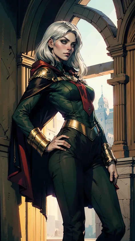 A woman with long platinum blonde hair, choppy bangs, arched crescent eyebrows, sharp and determined eyes, a delicate oval face, a serious expression, a fantasy-style dark green military coat, draped with a dark red cloak, military trousers, leather combat...