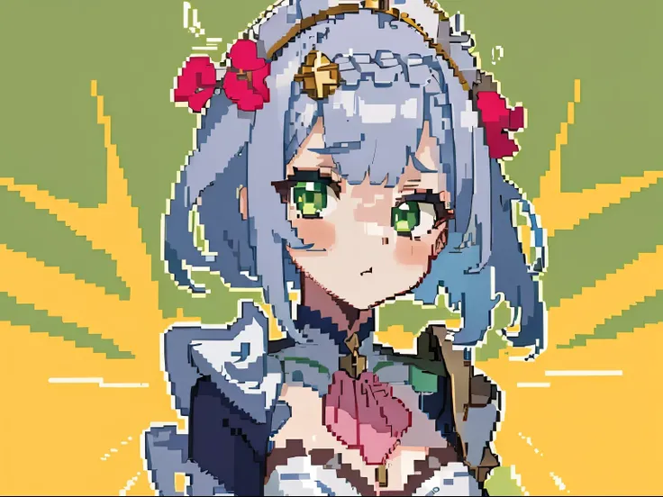 masterpiece, high quality, hcnone, pixel art, 1girl, noelle genshin impact, silver hair, green eyes, simple gold color background