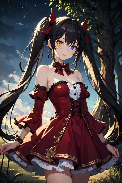 kurumitokisaki, kurumi tokisaki astral dress, tokisaki kurumi, long hair, black hair, (red eyes:1.3), (twintails:1.5), (yellow eyes:1.3), hairband, (heterochromia:1.5), dress, (red dress:1.5), bare shoulders, collarbone, choker, bowtie, red bowtie, detache...