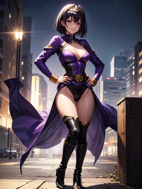 1girl, villain, leotard, purple leotard with gold accents, bare legs, (fastened tight gold belt), boots, ankle boots, bracelets, night sky, standing straight, hands on hip, infused with powers, cityscape, searchlights, black hair, short hair, bob hair, tia...