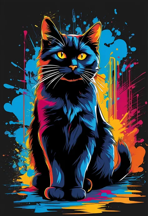 vector t-shirt art ready for print colorful graffiti illustration of a black cat, frontal perspective, action shot, sitting, vib...