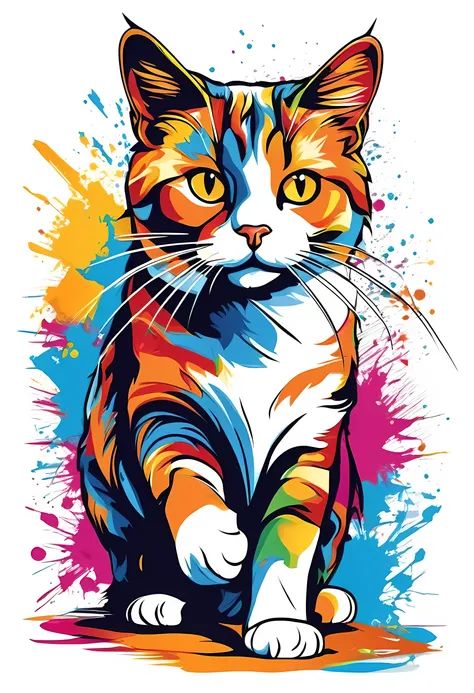 vector t-shirt art ready for print colorful graffiti illustration of a calico cat, frontal perspective, action shot, vibrant col...