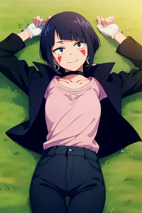kyoka jiro, 1girl, solo, looking at viewer, smile, short hair, bangs, shirt, black hair, gloves, long sleeves, jacket, open clothes, choker, pants, white gloves, blunt bangs, fingerless gloves, open jacket, black jacket, black choker, facial mark, black pa...