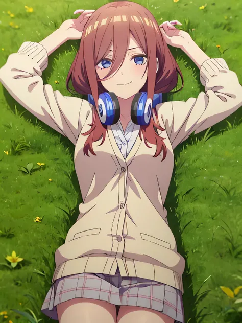 solo, 1girl, looking at viewer, anime, anime coloring, high quality solo, cowboy shot, lying, on back, on grass, spread arms, shy smile, arms up, closed mouth, miku nakano, cardigan, headphones around neck, looking at viewer, in the center,
