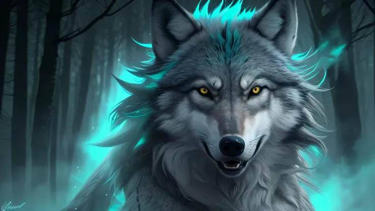 "crie uma imagem impressionante de um lobo majestoso em Full HD, com uma pelagem intensamente ciano escuro. The wolf must face the camera directly, seus olhos fixos e brilhantes, giving off a powerful sense of ferocity. Sua boca entreaberta revela dentes a...