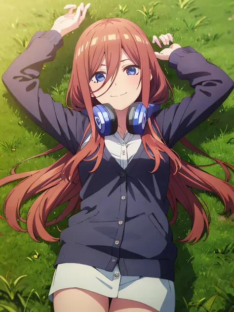 solo, 1girl, looking at viewer, anime, anime coloring, high quality solo, cowboy shot, lying, on back, on grass, spread arms, shy smile, arms up, closed mouth, miku nakano, cardigan, headphones around neck, looking at viewer, in the center,