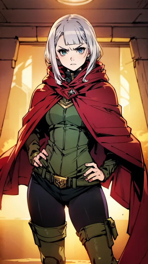 A woman with long platinum blonde hair, choppy bangs, arched crescent eyebrows, sharp and determined eyes, a delicate oval face, a serious expression, a fantasy-style dark green military coat, draped with a dark red cloak, military trousers, leather combat...