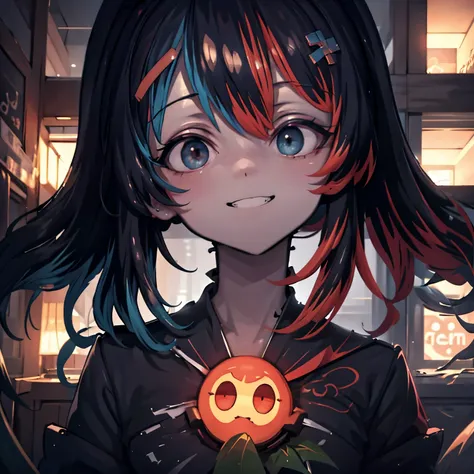 grainy,extremely detailed, masterpiece, dynamic lighting, switch-chan smiling menacingly, looking down, watching straight into your soul,