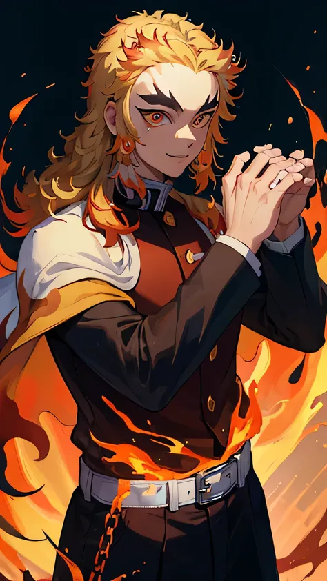 (Masterpiece, Best Quality:1.2), Orange theme, Cowboy shot, solo, male focus, 1boy, Rengoku Kyojuro, Smile, looking a viewer, Long hair, Split eyebrows, Demon Slayer Uniform, black jacket, long sleeves, white capelet, Black pants, White Belt, fire, low-key...