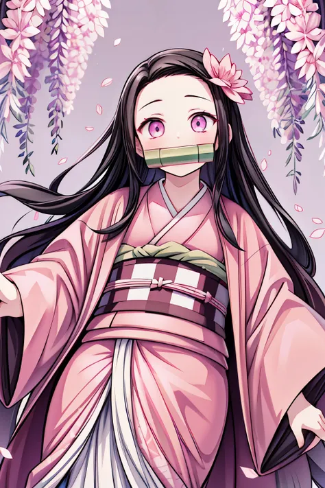 masterpiece, (pink kimono), seductive face, good lighting, low-cut, fine details, masterpiece, glowing eyes, 1girl, black hair, gag, bamboo, Nezuko Kamado, wisteria background, masterpiece, best quality, POV, whole body, wide hips,