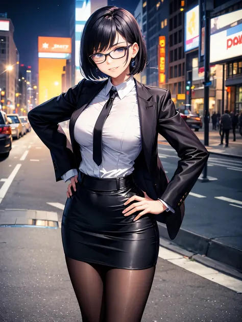 1girl, villain, business suit, pencil skirt, miniskirt, black pantyhose, high heels, night sky, standing straight, hands on hip, cityscape, searchlights, black hair, short hair, bob hair, purple eyes, beautiful detailed eyes, glasses, perfect hands, solo, ...