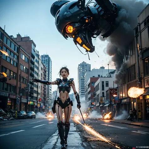 （one young beautiful japanese woman、Several robots destroying the city）、SF、A woman with telekinetic powers、The space around the woman&#39;s body appears distorted.、destroyed metropolis、Challenge the invaders、urban decline、blazing flame、Collapsing high rise...