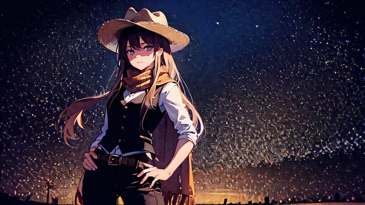 Portrait of a beautiful woman on a muddy farm:1.2 , cowboy hat, vest with fringes , pants, scarf , confidence , Medium chest,