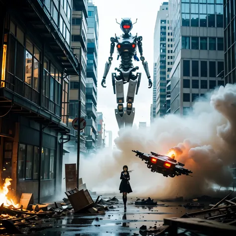 （one young beautiful japanese woman、Several robots destroying the city）、SF、A woman with telekinetic powers、The space around the woman&#39;s body appears distorted.、destroyed metropolis、Challenge the invaders、urban decline、blazing flame、Collapsing high rise...