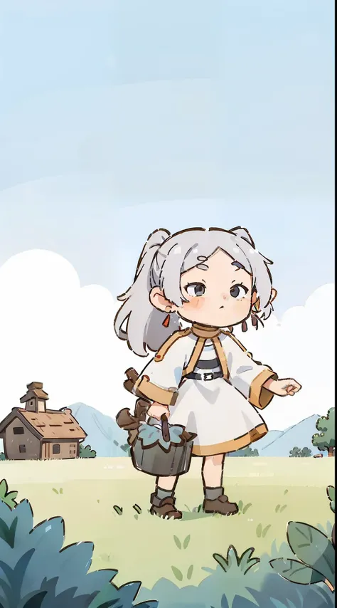 a girl, ((full body female)), Yaemiko, Freelan, (long gray hair), pointed ears, jewelry, earrings, ((Double tail)), white shawl, white dress, belt, (Lovely), ((最small, small)), piece, Play, Grass, Blue sky and white clouds