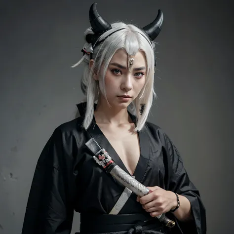 Samurai in black kimono, white hair and horns, gray skin, heterochromia, holding a katana