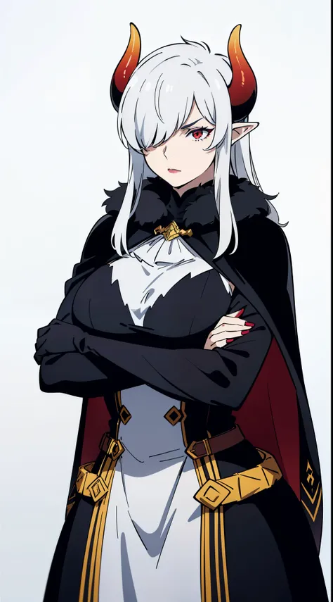 ((1adult woman,solo,milf,mature female)),lipstick,horns,serious face,crossed arms,white hair,long hair,black dress,black long cape,elf ears,(((hair over one eye))),(white background),red eyes