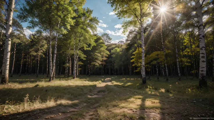 ((masterpiece, Best quality)), High resolution, 8K, cinematic light, high contrast, depth of field, intense glow, detailed background, dense forest of birch oaks, glade illuminated by the sun, white clouds in the sky,